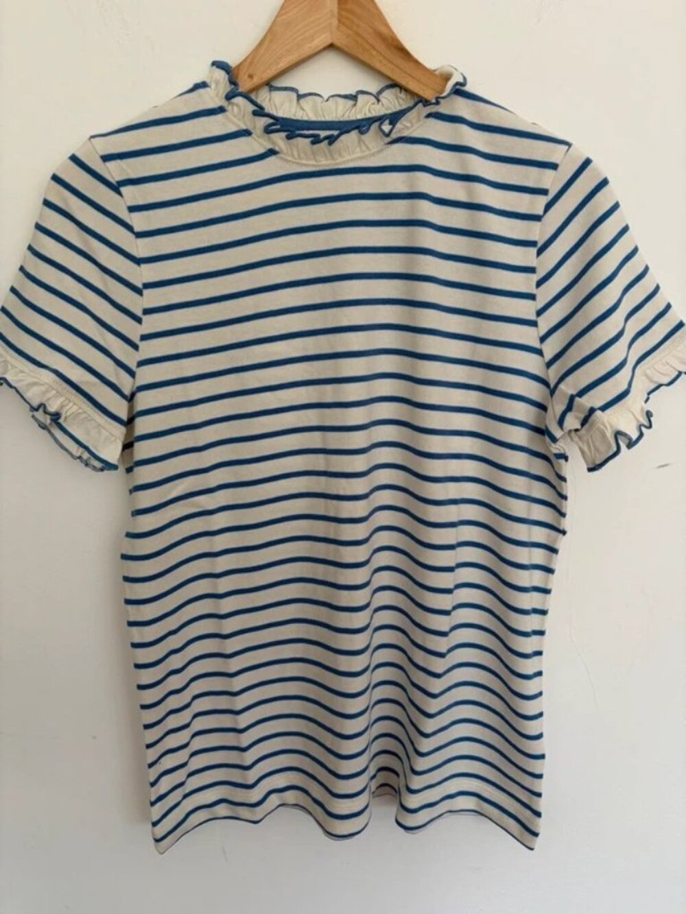 Blue & White Breton Stripe Frill Neck Cotton Top